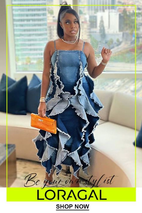 #Loragal #HotSale #Praty #Summer #Ruffle #Dresses #Sleeveless #Denim Dressy Denim Outfits For Women, Denim Themed Party Outfit, Denim And Diamonds Party Outfit, Denim Outfits For Women, Cute Plus Size Clothes, Denim Ruffle Dress, Jumpsuit Denim, Ruffle Dresses, Layered Ruffle Dress