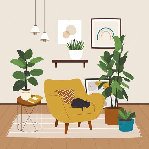 Living Room Illustration, Plants Illustration, Room Illustration, Interior Illustration, House Illustration, Gallery Walls, Room With Plants, Mid Century Modern Decor, Scandinavian Decor