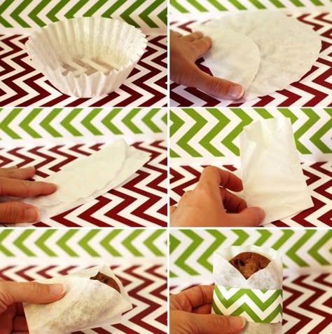 Cookie Sleeve.  How fun (and inexpensive!!) is this idea?! Coffee filter folded, insert cookie add strip of fun paper! Bake Sale Packaging, Single Cookie, Cookie Sandwich, Bake Sale Recipes, Diy Cookie, Cookie Packaging, Paper Cupcake, Cupcake Liners, Coffee Filter