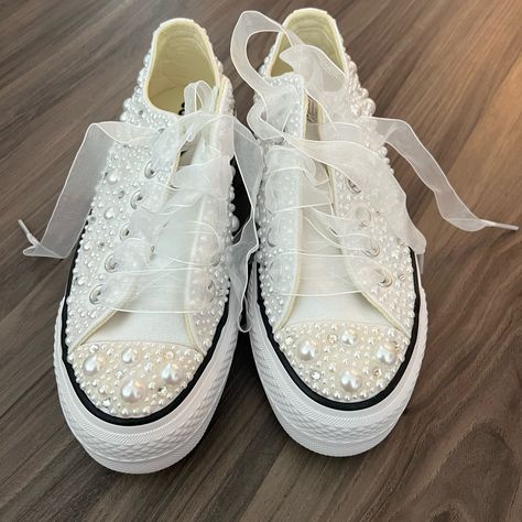 Platform Wedding Sneakers - White Pearl & Rhinestone Encrusted, Both Regular And Sheer Laces Included. Never Worn. Perfect Condition Size 6 Brides Tennis Shoes, Rhinestone Converse Wedding, Pearl Sneakers Wedding, Wedding Sneakers For Bride Converse, Bride Tennis Shoes, Converse Shoes Platform, Wedding Sneakers For Bride, Bride Converse, Rhinestone Converse