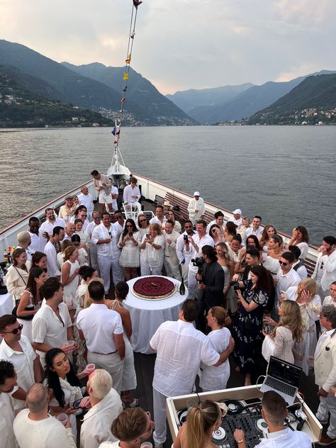 Lake Como Welcome Party, Boat Welcome Party, Black Tie Lake Wedding, Boat Dinner Party, Catamaran Wedding Reception, Lake Como Party, Yacht Rehearsal Dinner, Boat Wedding Party, Small Boat Wedding