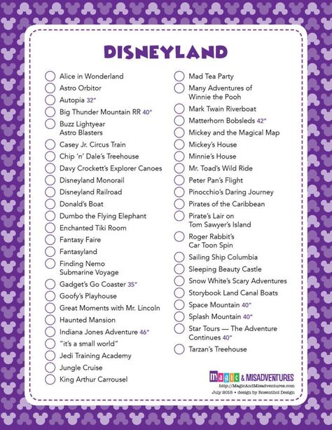 Disney Park Checklists | Magic & Misadventures Disneyland Paris Rides List, Disneyland Trip Planning, Disneyland Vacation Planning, Disneyland Rides, Disneyland Planning, Disney Paris, Disney World Vacation Planning, Disneyland Vacation, Disneyland Tips