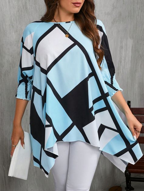 Plus Size Casual Elegant Geometric Patterned Blouse Business Casual Woman Multicolor Casual  Three Quarter Length Sleeve Woven Fabric Colorblock,Geometric Tunic Non-Stretch  Women Plus Clothing, size features are:Bust: ,Length: ,Sleeve Length: African Blouses For Women, Blouse Business Casual, Ankara Blouse, African Blouses, Dress Ankara, African Print Dress Ankara, Patterned Blouse, Womens Business Casual, African Print Dress