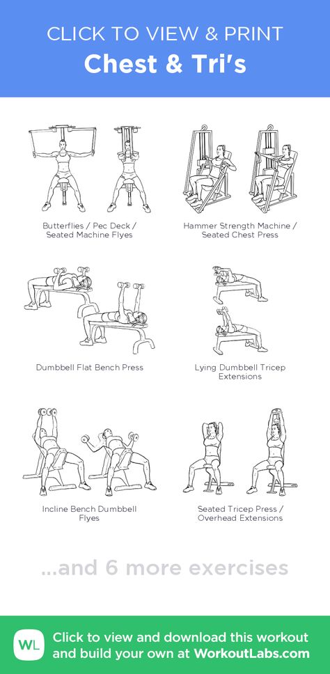 Chest & Tri's – click to view and print this illustrated exercise plan created with #WorkoutLabsFit Tris Workout, Tricep Workout Women, Tri Workout, Upper Body Workout Gym, Lower Workout, Chest And Tricep Workout, Chest Workout Women, Workout Chest, Bike Workout