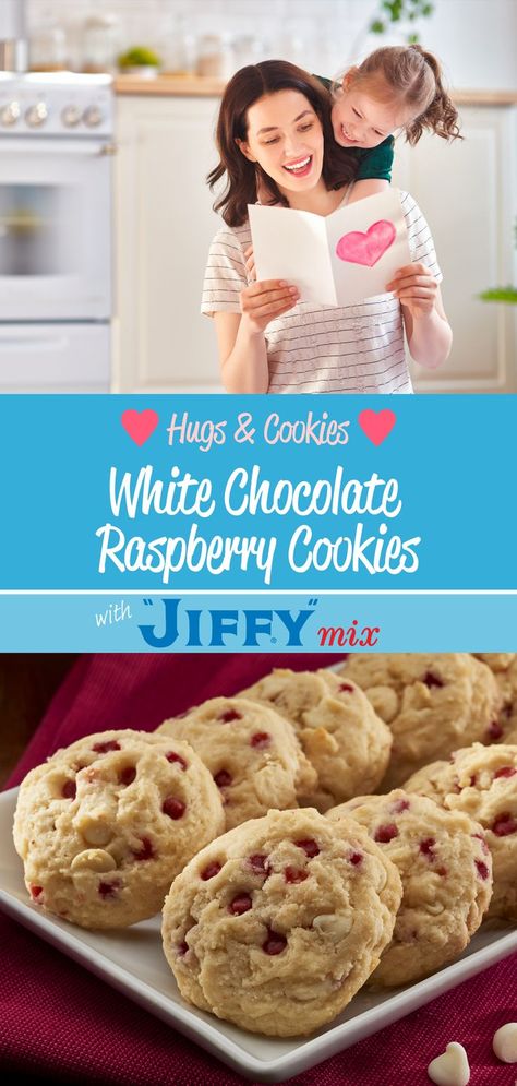 Keep those who are close a little closer, with White Chocolate Raspberry Cookies made with “JIFFY” Raspberry Muffin Mix. Hugs & Cookies ❤ Perfect for sharing! Cookies From Muffin Mix Recipes, Muffin Mix Cookies, Raspberry Chocolate Chip Muffins, White Chocolate Raspberry Cookies, Raspberry Chocolate Chip Cookies, Chocolate Chip Muffin Mix, Chocolate Raspberry Cookies, Raspberry White Chocolate Cookies, Hugs Cookies