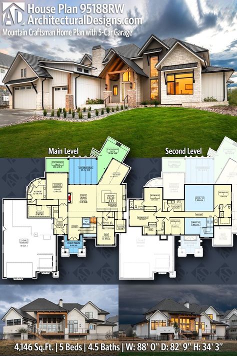 House Plan 95188RW gives you 4100 square feet of living space with 5 bedrooms and 4.5 baths Floor To Ceiling Storage, Rounded Wall, Multigenerational House Plans, Mountain Craftsman, Fall Bloxburg, Duplex Floor Plans, Affordable House Plans, Craftsman Home, Model House Plan