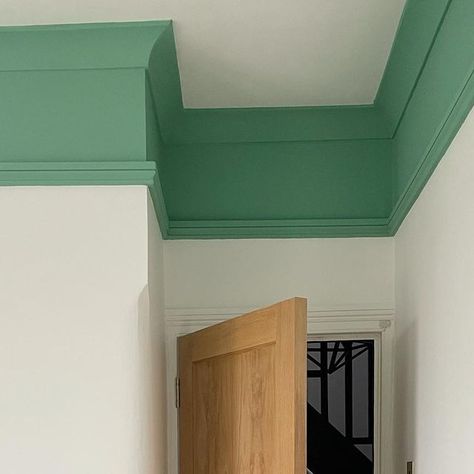 Claire Moran Designs - Interior Design Studio on Instagram: "Couldn’t resist a midday progress pic of our kids bedroom project, but this colour makes me so happy. Love seeing it against the crisp white walls, the picture rail we added in to reinstate some of the period features back into the room, the raw floor that will pretty much stay this colour and the brass socket. Hope you’re all having a lovely Thursday. I’m knee deep in plans and choosing bathroom tiles. Colours are @farrowandball Arsenic and All White Picture rail from @skirtingworld (gifted) #kidsbedroomdesign #kidsbedroomdecor #kidsbedroom #kidsbedroomideas #farrowandballarsenic #mycolourfulhome #mycolourfulinterior #colourfulhomes #childrensbedroom #childrensbedroomdesign #childrensbedroomdecor #houserenovation #house Lounge Dado Rail Wall Colors, Picture Rail Bedroom Wall Colours, Coloured Dado Rail, Bathroom Picture Rail, Coloured Picture Rail, Picture Rail Colour Ideas, Picture Rail Office, Three Quarter Wall Paint, 1930s Picture Rail