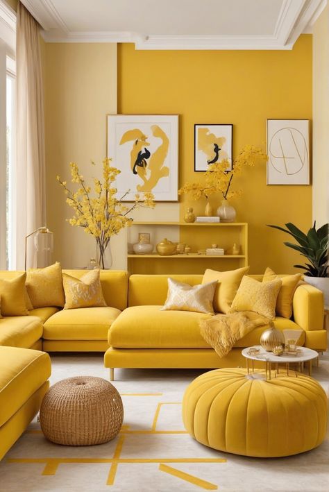 - home decor
- color combinations
- interior design
- yellow theme Yellow Color Interior Design, Sofa Set Color Ideas, Monochromatic Yellow Interior, Yellow In Interior Design, Yellow Aesthetic Living Rooms, Wall Color Ideas Yellow, Yellow Interior Design Living Room, Yellow Accent Living Room, Yellow Home Interior