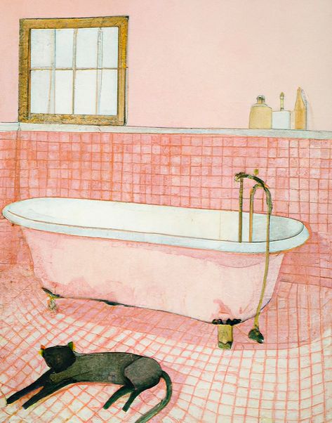 Pink Tiled Bathroom, Bathroom Illustration, Bathroom Drawing, Cat Relaxing, Tiled Bathroom, Cat Home Decor, Retro Bathroom, Retro Art Prints, Bathroom Posters