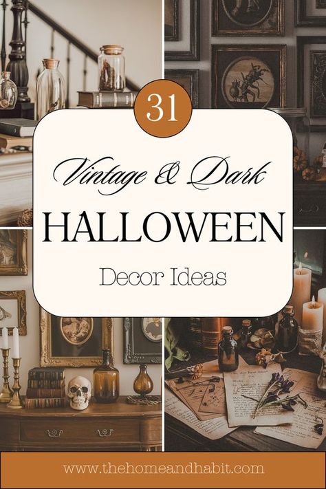 Uncover the perfect blend of vintage Halloween charm and dark academia decor. Our latest blog post showcases 31 hauntingly elegant decor ideas to transform your space into a sophisticated autumnal haven. Learn how to incorporate witchy elements and timeless pieces for a truly captivating atmosphere. Read the post to find inspiration for your perfect Halloween ambiance. #VintageHalloween #DarkAcademia #FallDecor #TimelessHaunts #HalloweenDecor #ElegantHalloweenDecor #VintageHalloweenDecorations Dark Acadamia Decorating, Halloween Academia Aesthetic, Frankenstein Room Decor, Halloween Decorations Apothecary, Gothic Halloween Diy Decor, Vintage Fall Decor Ideas Diy, Spooky Elegant Halloween, Kitchy Halloween Decor, Dark Academia Tablescape