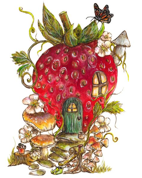 This 8x10 art print from my original pyrography and watercolor illustration, Strawberry Cottage is printed on a premium-grade gloss stock paper.  The print will be signed and packaged in a protective sheet.  Thank you so much for your support!  Please contact me with any questions or concerns <3 Fairy House Illustration, Illustration Strawberry, Strawberry Cottage, Strawberry Fairy, Strawberry Watercolor, Cottage Prints, Fairy Cottage, Cottagecore Art, Art Fantaisiste