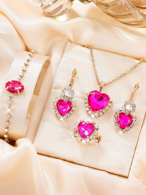 Pink Jewelry Set, Rhinestone Jewelry Set, Pretty Jewelry Necklaces, Expensive Jewelry Luxury, Jewelry Set Design, Heart Decor, Heart Shaped Jewelry, Prom Jewelry, Girly Accessories