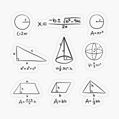 Study stickers of mathematic equations including area and volume, quadratic formula and quadratic equation. Math Geometry Aesthetic, Math Stickers Printable, Math Triangles, Mathematics Stickers, Mathematics Drawing, Math Lettering Design, Math Designs, Geometry Stickers, Geometry Equations