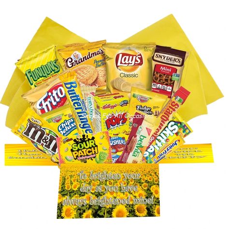 Box of Sunshine Care Package - Military Package-College Student Gift- Best Friend – Smiles For All Occasions Yellow Snack Basket, Yellow Snacks, Yellow Themed Gifts, Yellow Gifts Basket, Sunshine Snacks, Box Of Sunshine Gift, Sunshine In A Box, Dorm Snacks, Sunshine Care Package