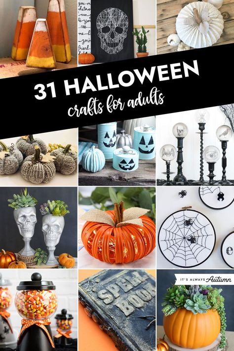 Halloween crafts for adults. Find 31 fun, easy ideas for DIY Halloween decor. Halloween Craft Party Ideas, Halloween Craft Projects For Adults, Halloween Crafts Spooky, Halloween Crafts For Ladies Night, Cork Crafts Halloween, Easy Diy Halloween Centerpieces, Witch Crafts For Adults, Halloween Sellable Crafts, Cheap Halloween Centerpiece Ideas