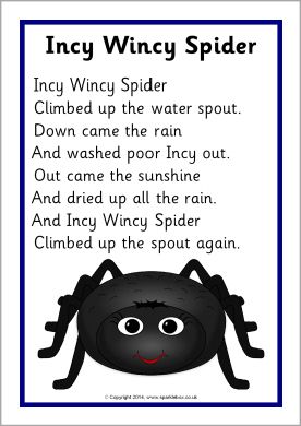 Incy Wincy Spider song sheet (SB10810) - SparkleBox                                                                                                                                                     More Spider Song, Incy Wincy Spider, Preschool Poems, Nursery Rhymes Poems, English Poems For Kids, Nursery Rhymes Lyrics, Rhymes Lyrics, English Rhymes, Nursery Rhymes Activities