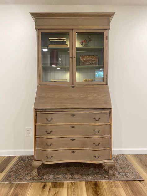 Refinished Vintage Secretary desk. This piece was sanded and paint washed with Algonquin Fusion mineral paint and sealed with 3 coats of satin water based sealer. Original knobs on the glass door and insert drawers. Modernized original drawer pulls. New solid brass key plates. Claw feet refinished. Top piece rebuilt and modernized. Beautiful piece! Dimensions: Width 34 5/8  Height 74 1/2 Depth 16 1/2 Secretary Desk Bedside Table, Bleached Wood Secretary Desk, Algonquin Fusion Mineral Paint, Secretary Desk Makeover, Vintage Secretary Desk, Antique Secretary Desks, Wood Secretary Desk, Antique Secretary, Vintage Secretary