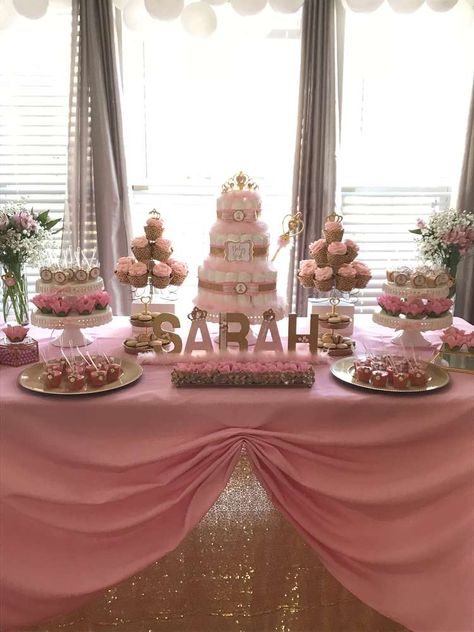 Gold and Pink Baby Shower | CatchMyParty.com Dessert Table Tablecloth Ideas, Pink Decorations Party Table, Candy Bar Backdrop Ideas, 1st Birthday Party Table Decorations, Cake Table For Birthday Party, Desert Table Baby Shower Girl, Pink White And Gold Birthday Party Ideas, Baby Girl Dessert Table, Cake Table Baby Shower Ideas