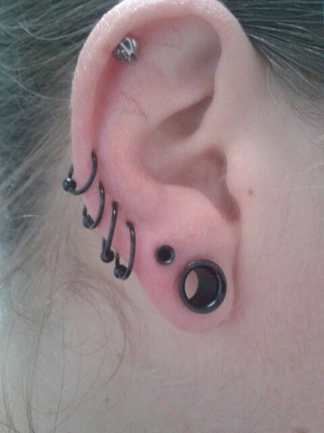 Top to bottom : skull labret, four ball enclosed rings, 3mm tunnel and 8mm tunnel. Still working on a 4mm tunnel, but I'm getting there :) 8mm Ear Stretch, Multiple Stretched Lobes, Small Tunnels Ear, Ear Tunnels Aesthetic, Piercing Map Ear, Small Stretched Ears, Tunnel Piercing, Gauged Ears, Men's Piercings