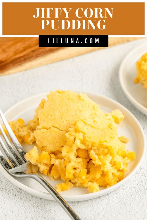 Jiffy corn pudding is creamy, buttery, and sweet! The perfect side dish to any dinner, it's comfort food at its finest. #cornpudding #corn #comfortfood #sidedish #corncasserole Creamy Corn Pudding Recipe, Jiffy Corn Pudding, Corn Casserole Jiffy, Corn Pudding Casserole, Sweet Corn Casserole, Sweet Corn Pudding, Creamy Pasta Bake, Thanksgiving Food Sides, Corn Casserole Recipe