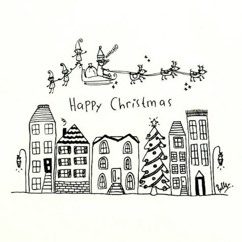 Doodle Christmas Art, Happy Holidays Drawing, Christmas Village Doodle, Winter Drawings Christmas, Christmas Doodles Aesthetic, Christmas Card Doodles, Christmas Doodles Ideas, Christmas Doodle Art, Hand Drawn Christmas Cards