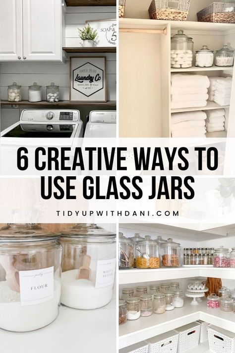 Jars For Laundry Room, Laundry Room Jars Storage Farmhouse, Large Apothecary Jars, Big Jars Ideas Decoration, Uses For Large Glass Jars, Kitchen Glass Jars Display, Laundry Room Jars Storage, 2 Gallon Glass Jar Ideas, Glass Jar Decorating Ideas Kitchen