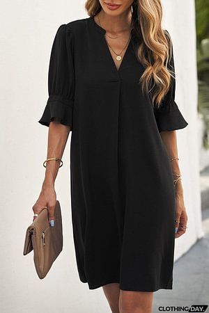 Ruffled Sleeve Shift Dress | ClothingDay.com Georgia Fashion, Long Sleeve Denim Jacket, Flowy Shirt, Dress Occasion, Shift Dresses, Elegante Casual, Split Dress, Long Sleeve Knit Sweaters, Shift Dress Black