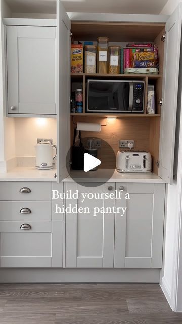 Emily | Project Ivel 🏡 on Instagram: "If you’re planning on revamping your kitchen in 2024, definitely consider a hidden pantry! 😍  It gave us an opportunity to hide those appliances we didn’t want out on our kitchen side. 🙌🏻  We built this out of MDF and shaker doors as Howdens do not supply this as an option.   #2024plans #2024kitchentrends #homeinterior #kitcheninterior #hiddenpantry #pantry #breakfastcupboard" Hidden Kitchen Storage Ideas, Kitchen Hidden Appliances, Hidden Kitchen Appliances, Howdens Shaker Kitchen, Kitchen Side Cabinet, Cottage Build, Hide Appliances, House Improvement, Kitchen Built In