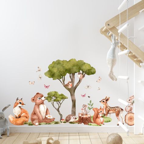 Wall Decal Nursery Forest Animals Animals Wall Sticker Sticker - Etsy Daycare Wall Decor, Forest Wall Decals, Forest Animal Nursery, Nursery Stickers, Woodland Wall, Nursery Mural, Tree Decals, All Of, Animal Wall Decals