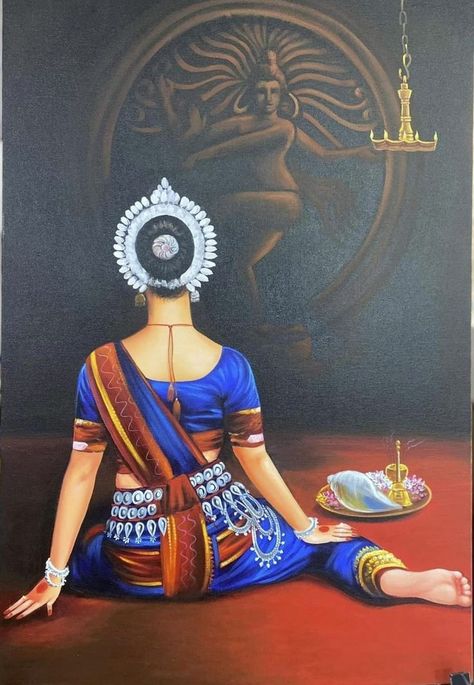 Bharatnatyam Drawing Painting, Bharatnatyam Painting On Canvas, Odishi Dance Drawing, Oil Colour Painting Ideas, Bharatnatyam Drawing, Nataraja Painting, Indian Lady Painting, Indian God Painting, Penting Art