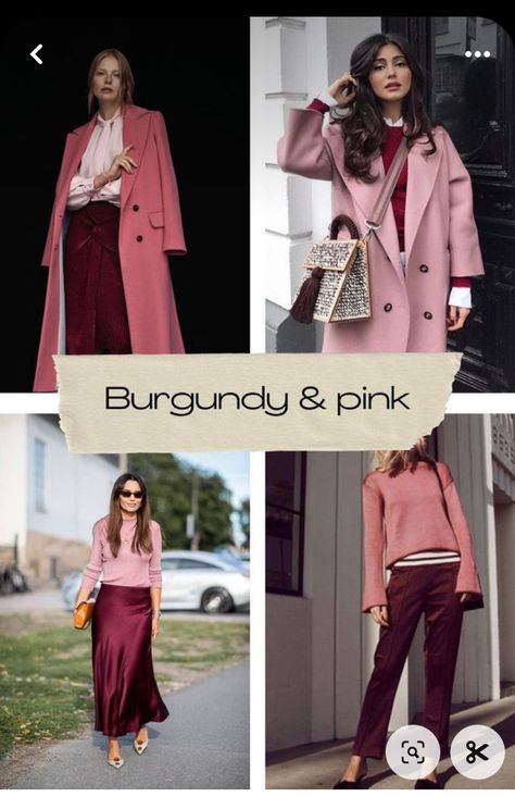 Winter Style Dress Outfit Ideas, Burgundy Jeans Outfit Summer, Work Outfits With Burgundy Pants, Winter Burgundy Outfits, Burgundy Spring Outfit, Red And Magenta Outfit, Pink And Wine Outfit, Brunette In Pink Outfit, Burgundy And Blush Outfit