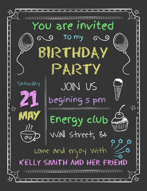 Chalkboard birthday party invitation poster flyer social media graphic design template Invation Cards Birthday, Invitation Layout Design Birthday, Ideas For Birthday Invitations, Inventation Card Design Birthday, Invite For Birthday Party, Invite Birthday Card, Birthday Card Ideas Invitation, Birthday Invation Card Ideas, Birthday Party Graphic Design