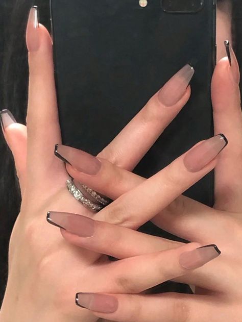 Black Nail Tips, Black French Tips, Latest Nail Trends, French Acrylic Nails, Acrylic Nails Coffin, False Nail, French Tip Nails, Nail Accessories, Square Nails