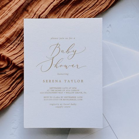 Delicate Gold Calligraphy Baby Shower Invitation Baby Shower Minimalist, Summer Calligraphy, Baby Boy Invitations, Gender Neutral Baby Shower Invitations, Gold Baby Shower, Unisex Baby Shower, Elegant Baby Shower, Gold Calligraphy, Modern Baby Shower