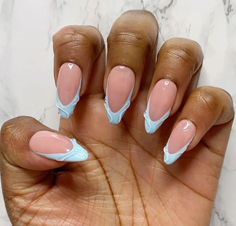 Medium Length Almond Nails, Blue French Tip, French Tip Press On Nails, Blue French Tips, Nails 3d, Blue French, Almond Acrylic Nails, Almond Shape, Almond Nails