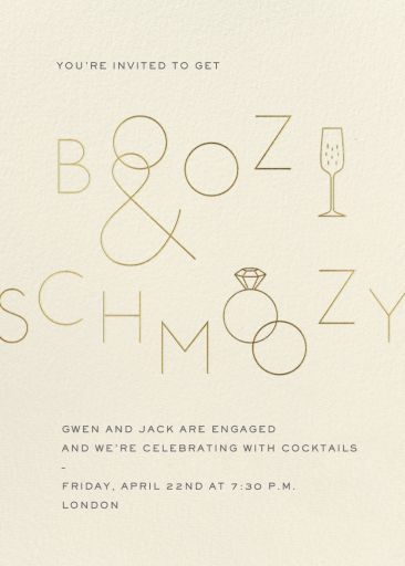 Customize 'Boozy and Schmoozy - Engagement' Engagement Party Invitation online and send via email, text message, or a shareable link. Instantly track deliveries and opens, and message recipients. Modern Classic Wedding Invitations, 100 Day Celebration, Belated Birthday Card, Kids Birthday Themes, July Wedding, Party Inspo, Save The Date Photos, Teen Birthday, Brunch Wedding