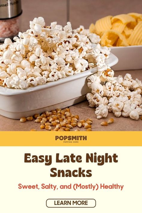 Looking for late night snacks ideas? Whether you're hosting a sleepover party for your kid and their friends or just want inspiration for the next time you wake up wanting something in your tummy, our list of 9 savory and sweet late night snacks is exactly what you need! We share late night snacks ideas like stovetop popcorn, ice cream sundaes, and more. Visit the Popsmith blog now for more info! | family fun night Sweet Late Night Snacks, Movie Party Snacks, Night Snack Ideas, Late Night Snacks Easy, Best Late Night Snacks, Cooking Popcorn, Flavored Popcorn Recipes, Popcorn Ice Cream, Easy Popcorn