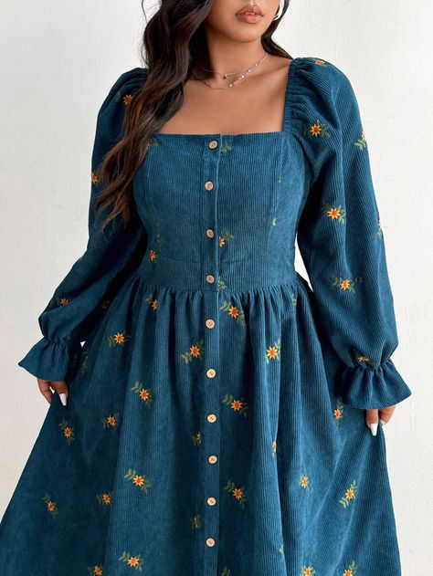 Plus Size Square Neck Collar Puff Sleeve Button & Zipper Front Corduroy Embroidery Elegant Dress Teal Blue Casual  Long Sleeve Woven Fabric Floral,Plants,All Over Print A Line Non-Stretch  Women Plus Clothing, size features are:Bust: ,Length: ,Sleeve Length: Courdory Dress, Corduroy Embroidery, Wine Midi Dress, Boho Plus Size, Elegante Casual, Elegant Red, Neck Collar, Plus Size Dress, Holiday Fashion