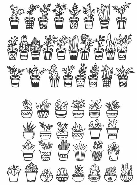 Tiny Plant Drawing, Small Plant Doodles, Art Sketches Plants, Small Plants Drawing, Drawing Plants Easy, Small Plant Drawing, Ink Doodles Inspiration, Houseplant Doodles, How To Draw Succulents