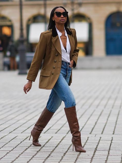 39 New Knee-High Boots to Wear With Skinny Jeans How To Wear Tall Boots, Boots Fall 2024, Brown Knee High Boots Outfit Winter, 2024 Boots Trend, Jeans And Brown Boots Outfit, Boots 2024 Trend, Brown Over The Knee Boot Outfit, Outfits With Brown Boots, Tan Knee High Boots