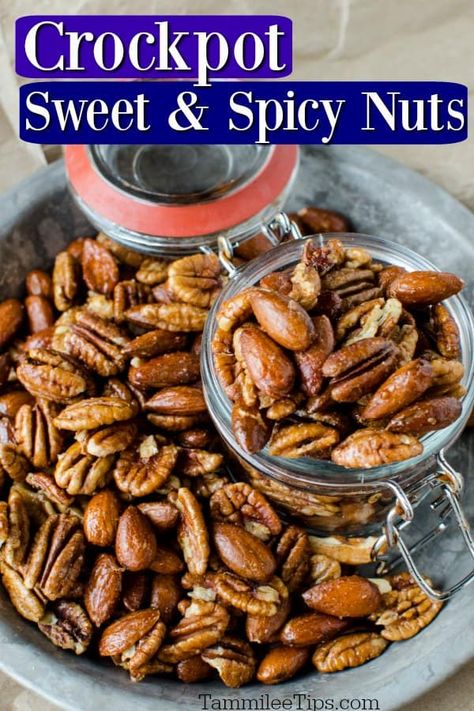 Sweet And Spicy Nuts Recipe, Spicy Nuts Recipe, Gf Appetizers, Spiced Nuts Recipe, Crockpot Dessert, Spicy Nuts, Crockpot Appetizers, Holiday Appetizers Recipes, Slow Cooked Meals