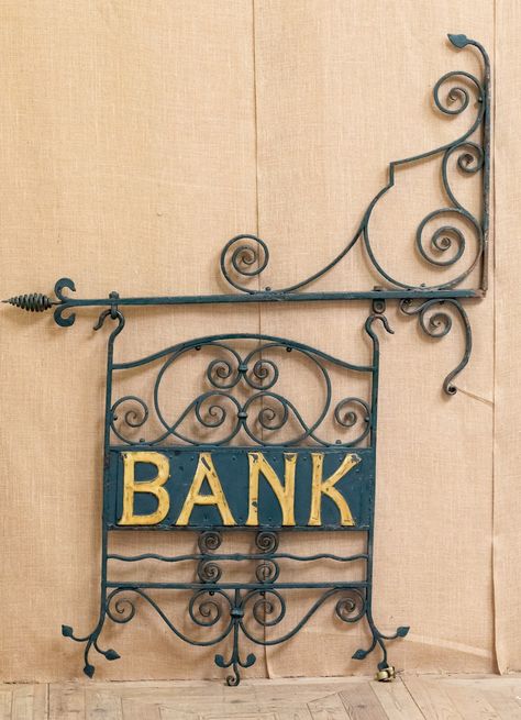 19th Century Wrought Iron Bank Trade Sign - Decorative Collective Wrought Iron Sign, Trade Sign, Sign Painting, Wall Mount Bracket, Selling Antiques, Green Paint, Painted Signs, Wrought Iron, 20th Century