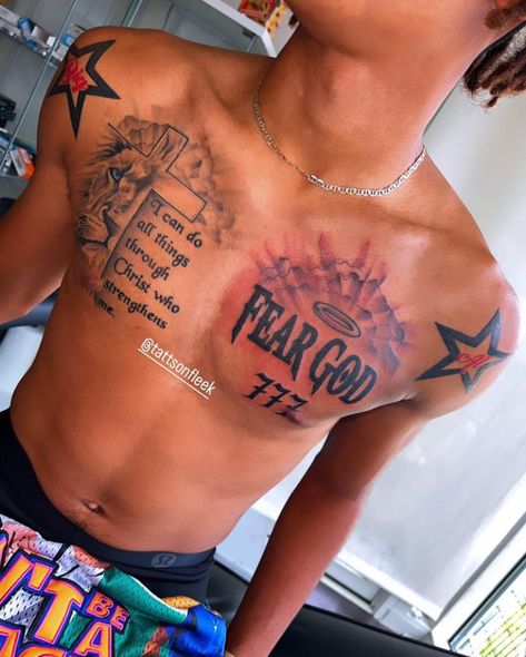 Star Shoulder Tattoo Men, Male Chest Tattoos Ideas Men, Star On Shoulder Tattoo, Chest To Shoulder Tattoo, Black Men Chest Tattoos, Shoot For The Stars Tattoo, Chest Tats Men, Star Shoulder Tattoo, Black Men Shoulder Tattoo