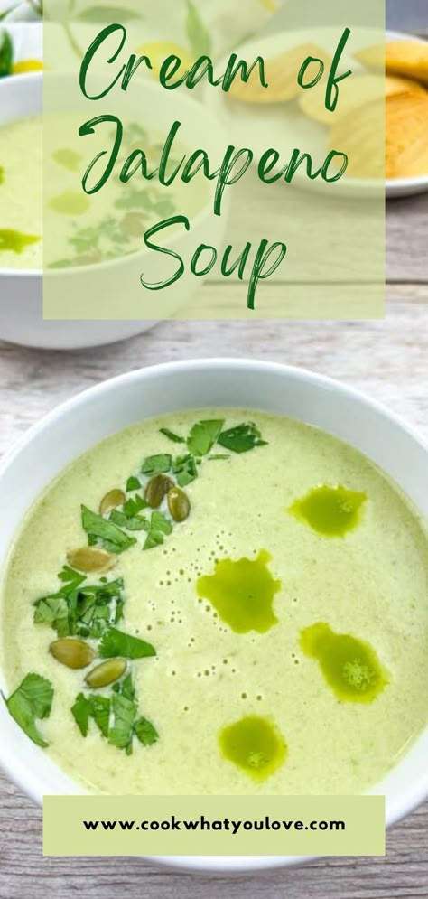 Creamy jalapeno soup in a bowl. Cream Of Jalepeno Soup Recipe, Habanero Cream Soup, Creamy Jalapeno Soup Recipes, Jalepeno Soup Creamy, Cream Of Cilantro Soup, Creamy Jalapeno Soup, Roasted Jalapeno Soup, Jalapeño Cream Soup, Poblano Cream Soup