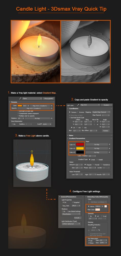 Quick tip for basic candle light material in 3Dsmax Vray renderer. 3ds Max Vray Render Setting, 3d Max Modeling, 3dsmax Tutorial, 3d Max Render, 3ds Max Modeling, 3ds Max Render, 3d Max Tutorial, Vray Material, Vray Tutorials