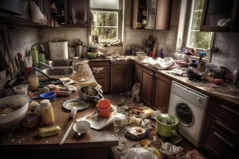 Photo kitchen messy dirty generate ai | Premium Photo #Freepik #photo #dirty-kitchen #dirty-dishes #messy-kitchen #dish-wash Messy Kitchen Aesthetic, Kitchen Hazards, Alien House, Photo Kitchen, Interior Drawing, Dirty Room, Broken Bottle, Dirty Kitchen, Messy House