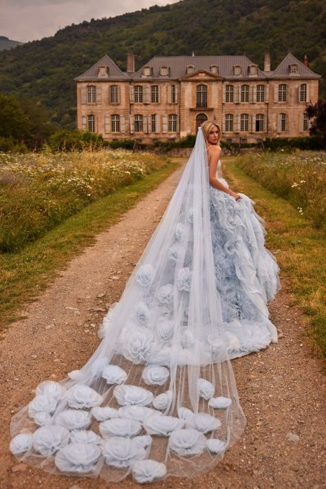 Cinderella Blue Wedding Dress, Cinderella Wedding Dress Blue, Light Blue Wedding Dress, Dresses Cinderella, Wedding Gown Simple Elegant, Blue Veil, Wedding Gown Simple, Enchanted Garden Wedding, Pleated Tulle