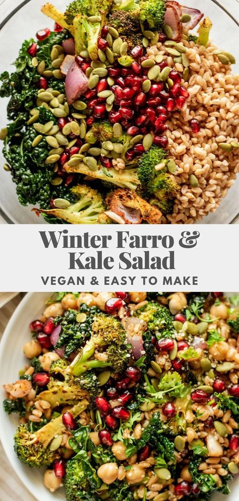 This hearty Winter Farro and Kale Salad is loaded with tender farro, chickpeas, and sweet pomegranate seeds, dressed in a garlic citrus dressing. Easy meal prep for easy lunches. Farro Salad Recipes, Farro Recipes, Citrus Dressing, Farro Salad, Grain Salad, Baked Vegetables, Winter Salad, Vegan Salad, Kale Salad