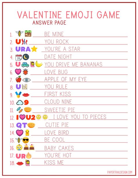 Print this Valentine's day emoji answer sheet so you can make sure that the Valentine emoji guessing game doesn't stump you. Valentines Games For Adults At Church, Valentines Day Group Activities, Couple Games For Valentine's Party, Valentine Ice Breaker Games, Valentines Office Activities, Valentine Emoji Game, Valentines Activities For Couples, Group Valentines Day Ideas, Valentine’s Day Questions