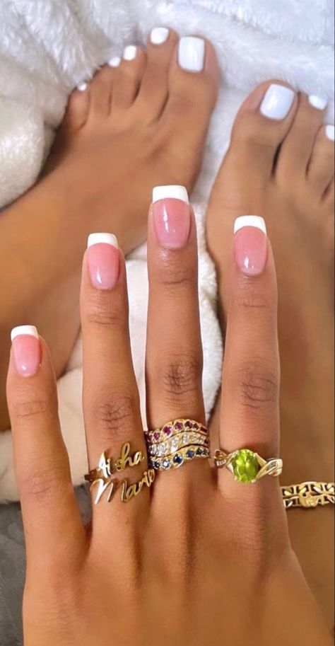 90s Short Nails, Pedicure To Match French Manicure, French Tip Set Nails And Toes, Short Acrylic Nails And Toes Matching, Nail And Toes Matching Ideas Summer, Short Nails And Toes Matching, Mani And Pedi Ideas Matching, White Toes And Nails, Nails And Toes Matching Ideas